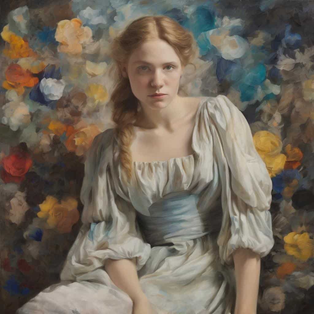 Μελέτη της σχέσης μουσικής και οπτικής τέχνης σε πορτρέτο γυναίκας με έντονα χρώματα.