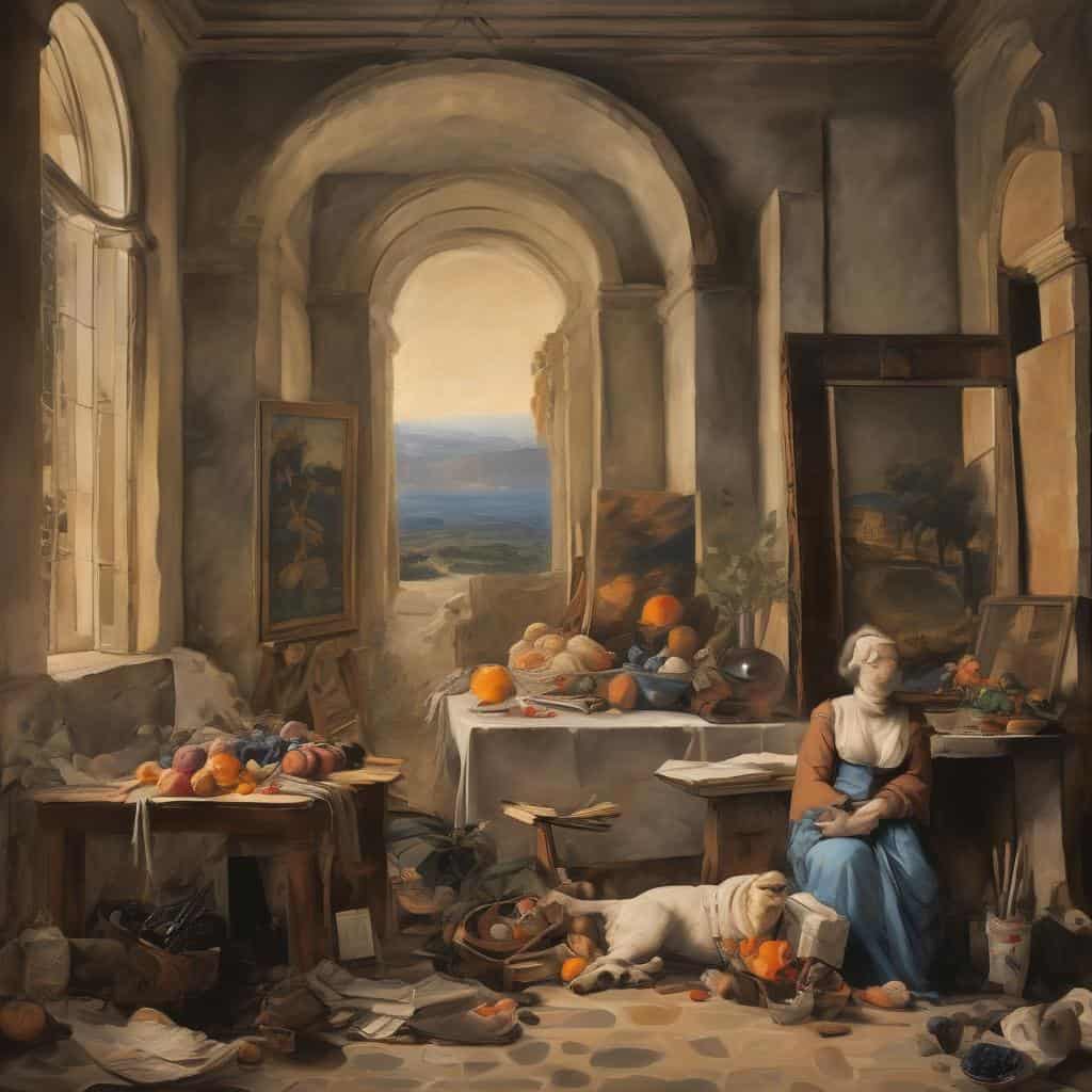 Φωτογραφία εσωτερικού χώρου με καλλιτεχνικά έργα, μουσικά όργανα και αστικά στοιχεία.