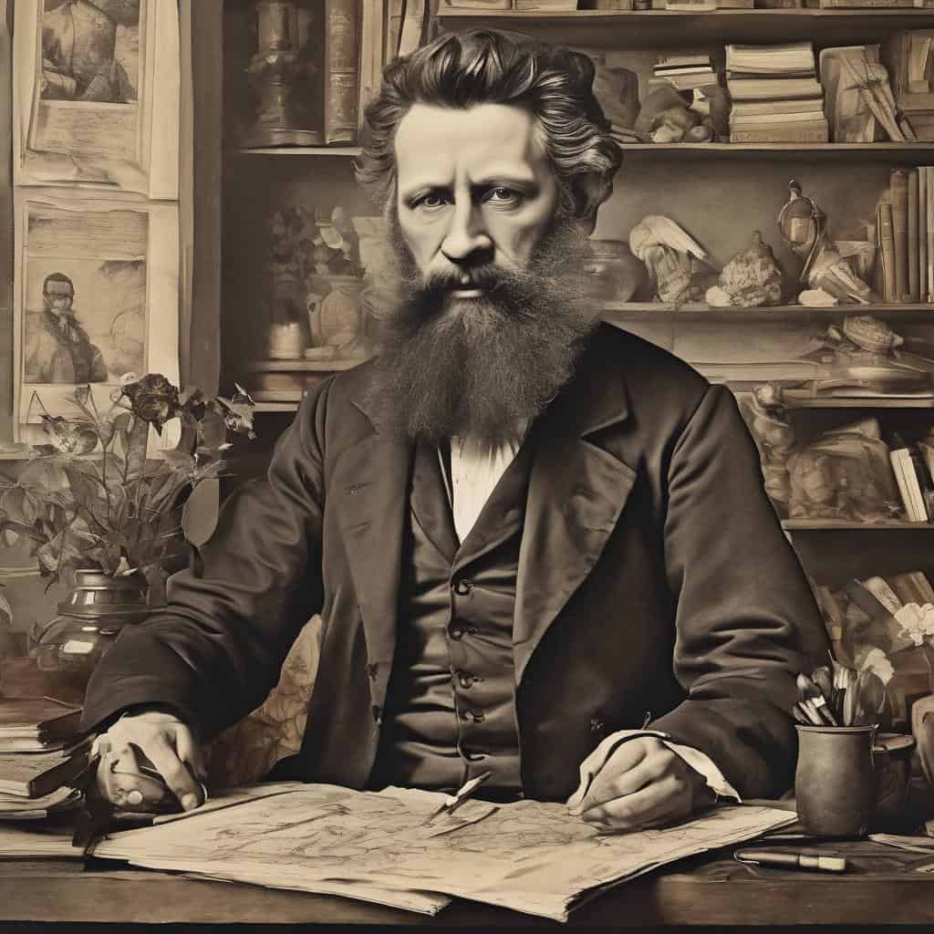 Μοντέρνος πίνακας με πορτρέτο καλλιτέχνη στην ακαδημαϊκή μελέτη, τέχνη, έμπνευση, δημιουργικότητα, βιβλιοθήκη, τέχνη και μουσική.