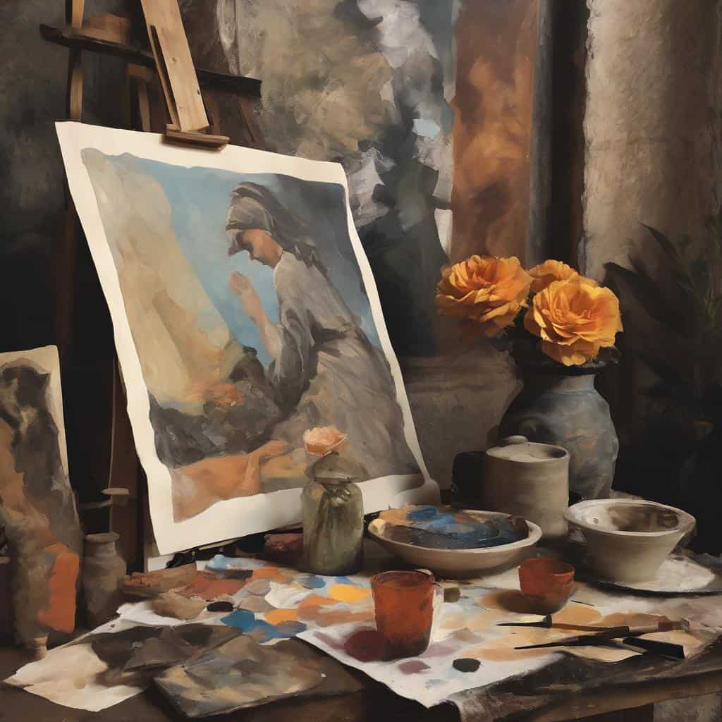 Ζωγραφική ακουαρέλας της σχέσης μουσικής και οπτικής τέχνης σε καμβά με πινέλα και γλάστρες λουλουδιών.