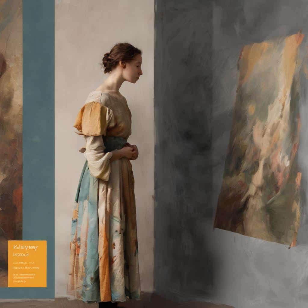 μοναξιά και τέχνη σε γκαλερί με πίνακες λαϊκής και σύγχρονης οπτικής τέχνης, γυναίκα σε έκθεση.